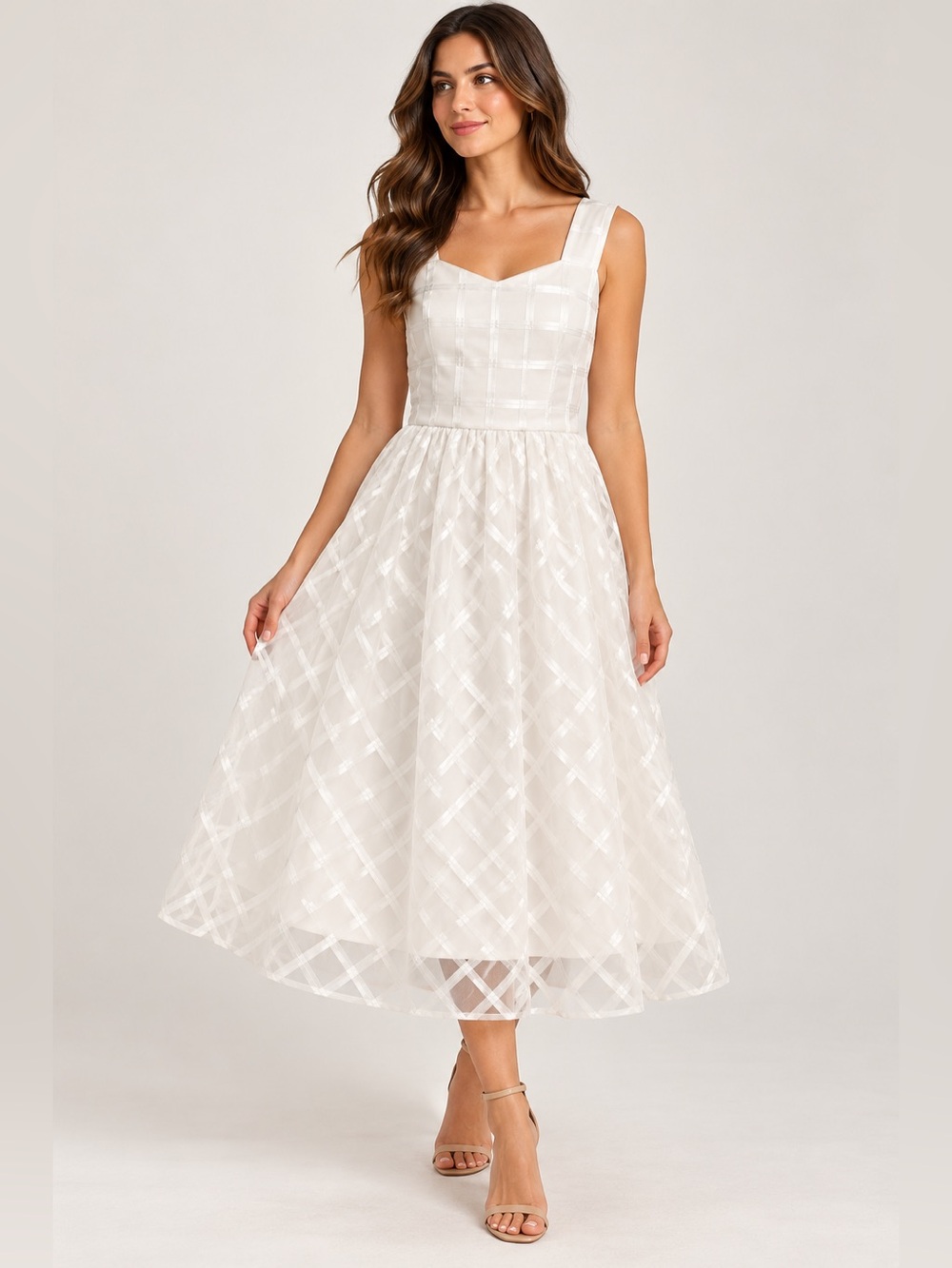 Lace & Mesh Ivory Lattice Overlay Fit & Flare Midi Dress Size M